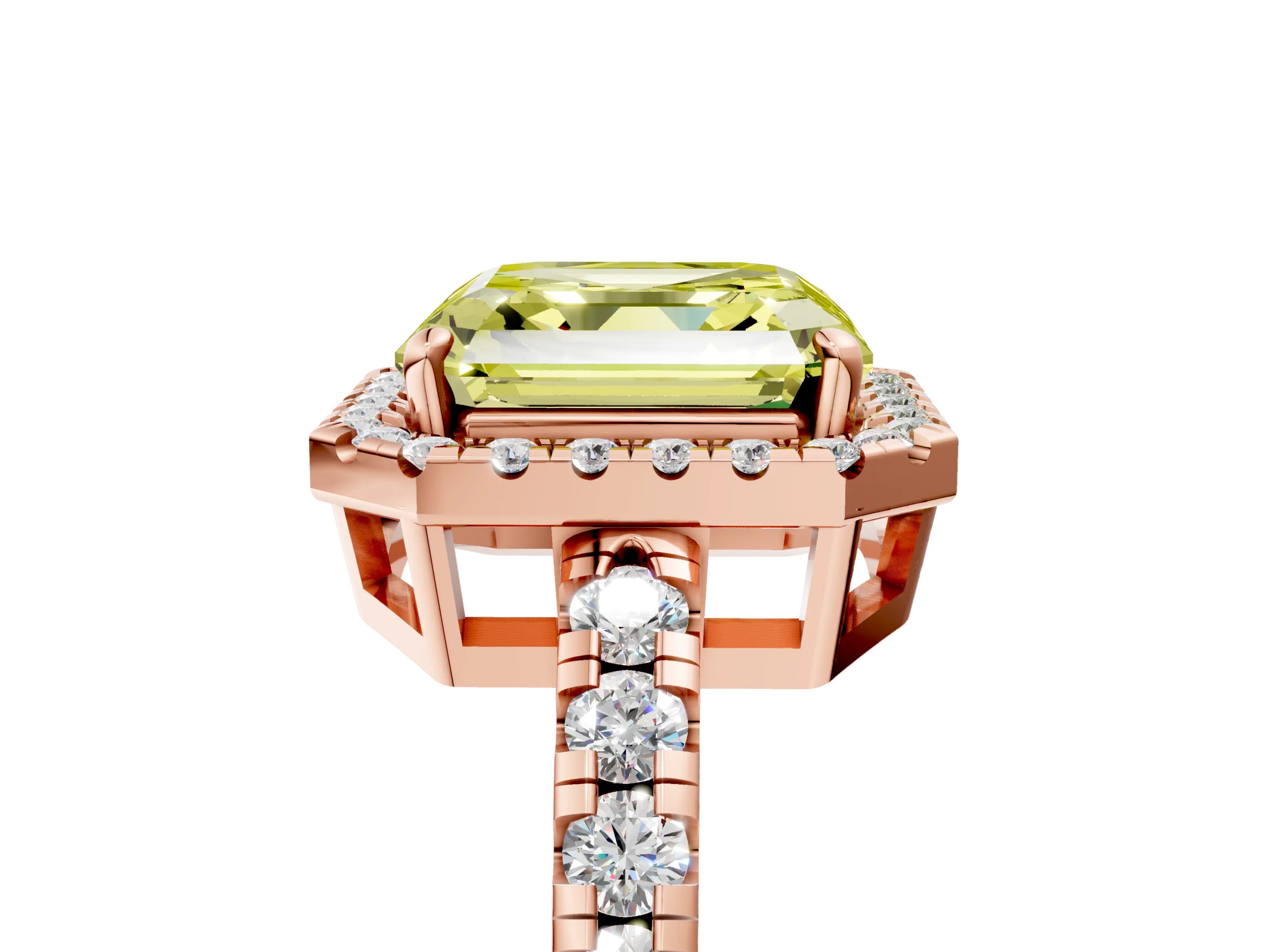 Rose gold Fancy Yellow Asscher Cut Diamond Halo Ring with Pavé Band and Four-Prong Setting_5