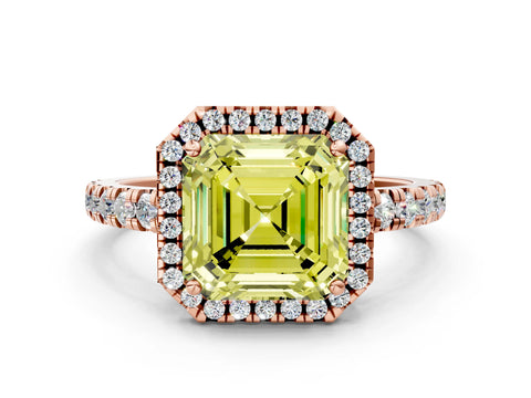 Rose gold Fancy Yellow Asscher Cut Diamond Halo Ring with Pavé Band and Four-Prong Setting