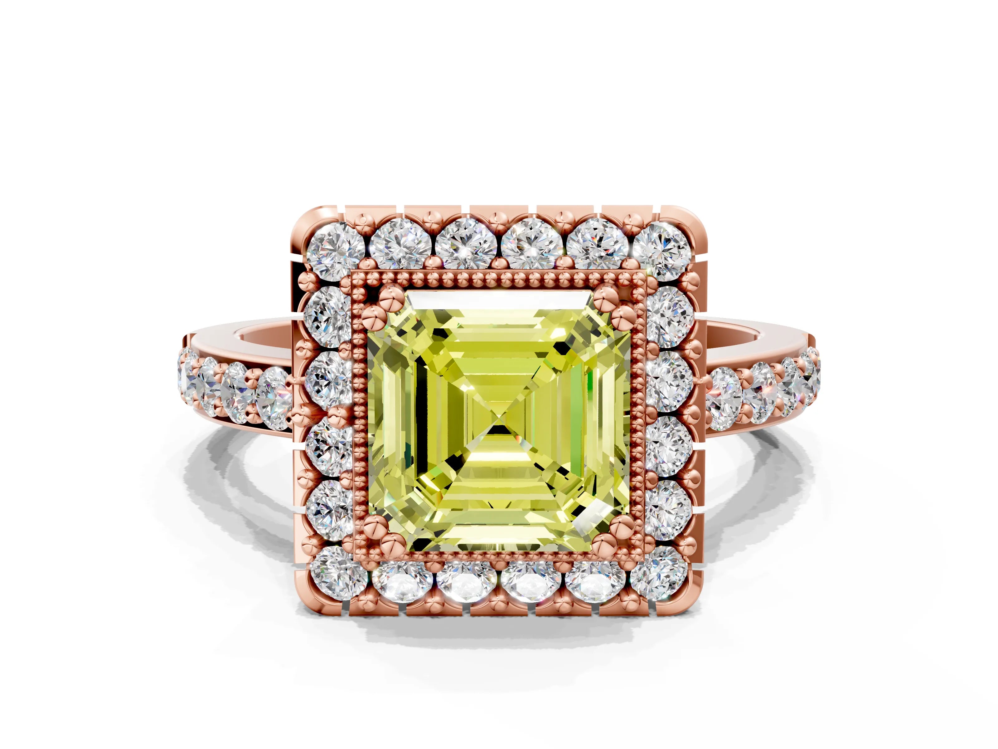 Rose gold Fancy Yellow Asscher Cut Diamond Halo Ring with Pavé Band and Prong Setting
