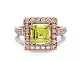 Rose gold Fancy Yellow Asscher Cut Diamond Halo Ring with Pavé Band and Prong Setting