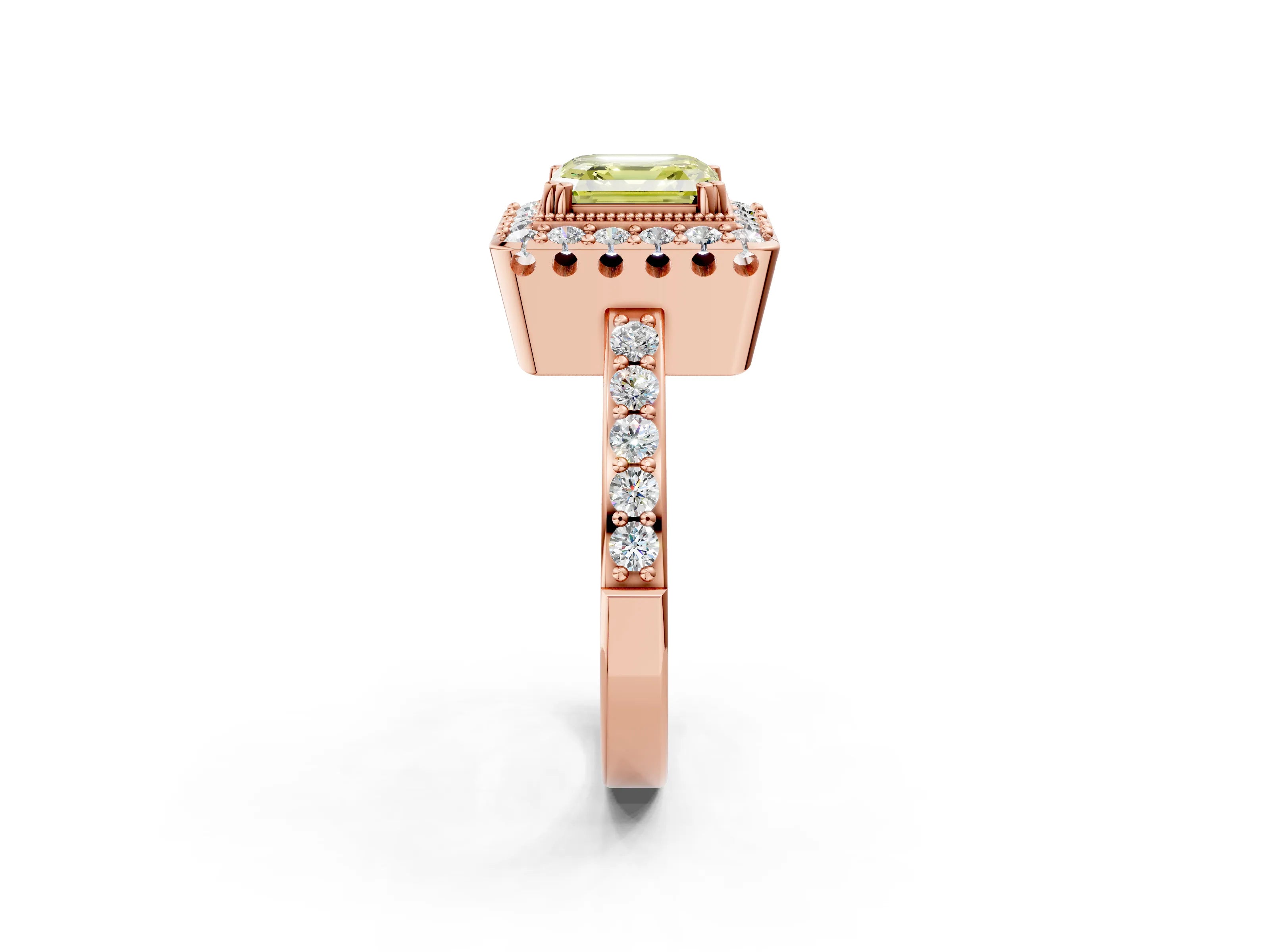 Rose gold Fancy Yellow Asscher Cut Diamond Halo Ring with Pavé Band and Prong Setting_2