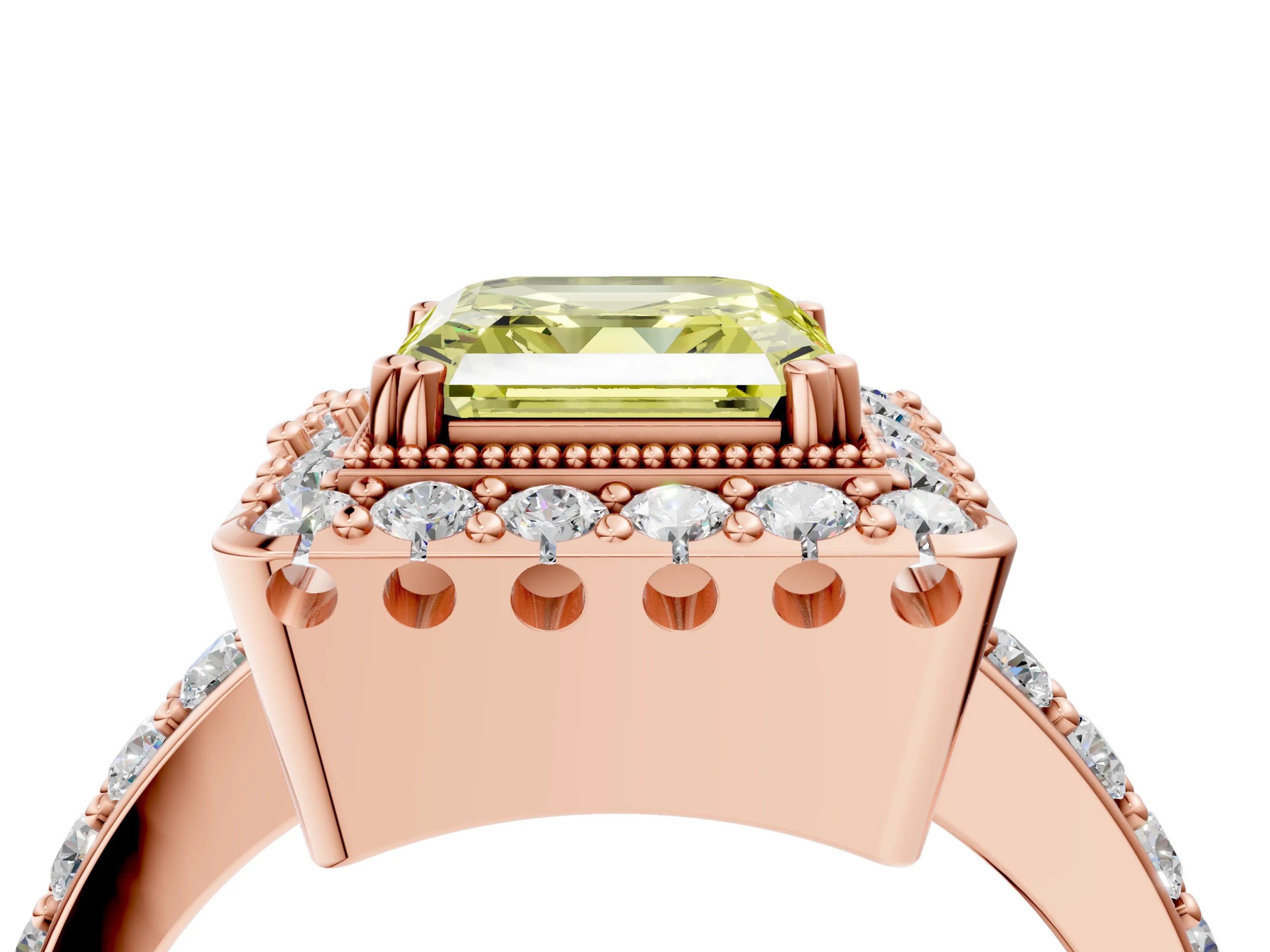 Rose gold Fancy Yellow Asscher Cut Diamond Halo Ring with Pavé Band and Prong Setting_4