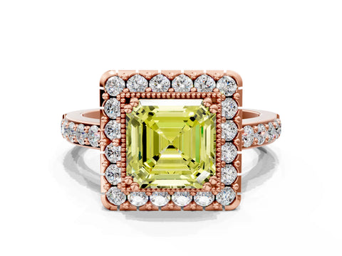 Rose gold Fancy Yellow Asscher Cut Diamond Halo Ring with Pavé Band and Prong Setting