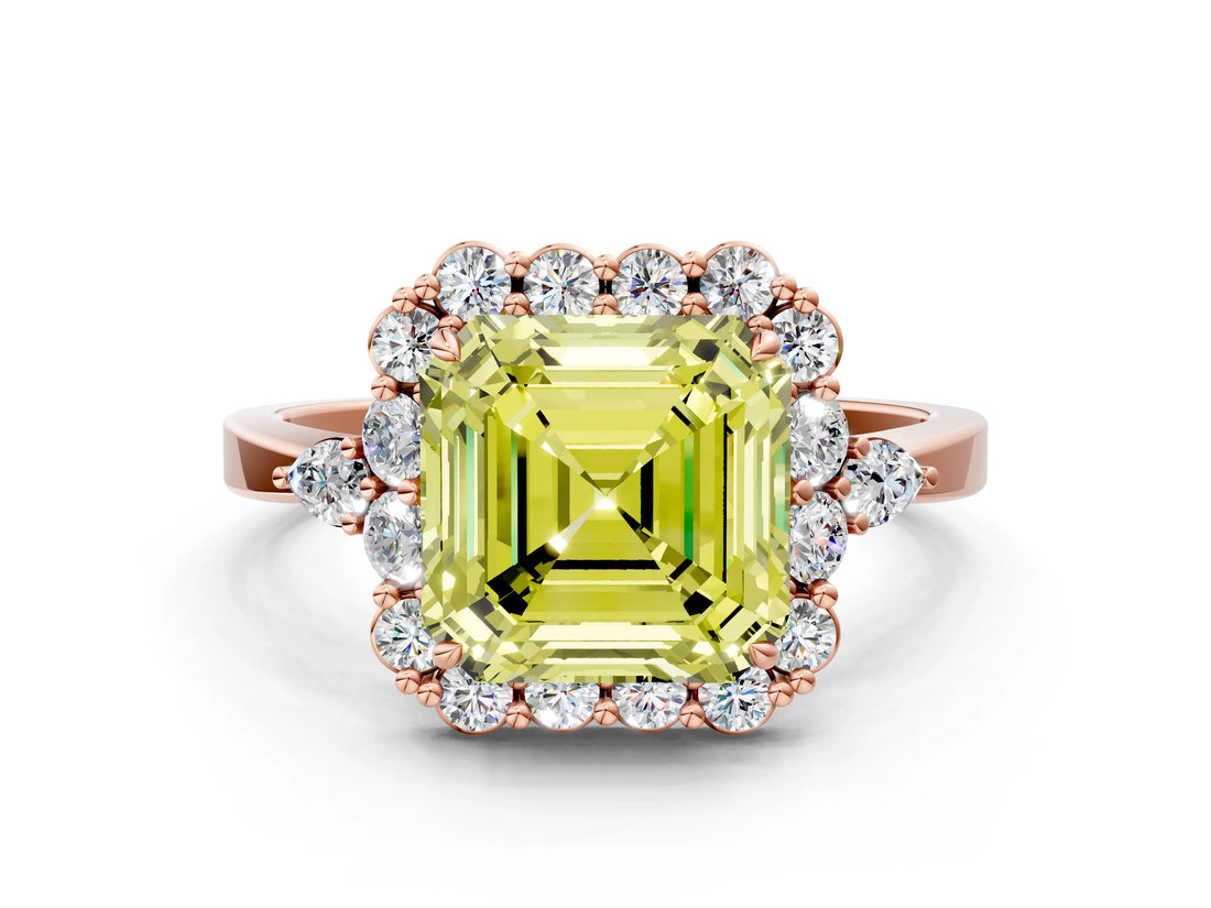 Rose gold Fancy Yellow Asscher Cut Diamond Halo Ring with Pear Side Stones and Prong Setting_40