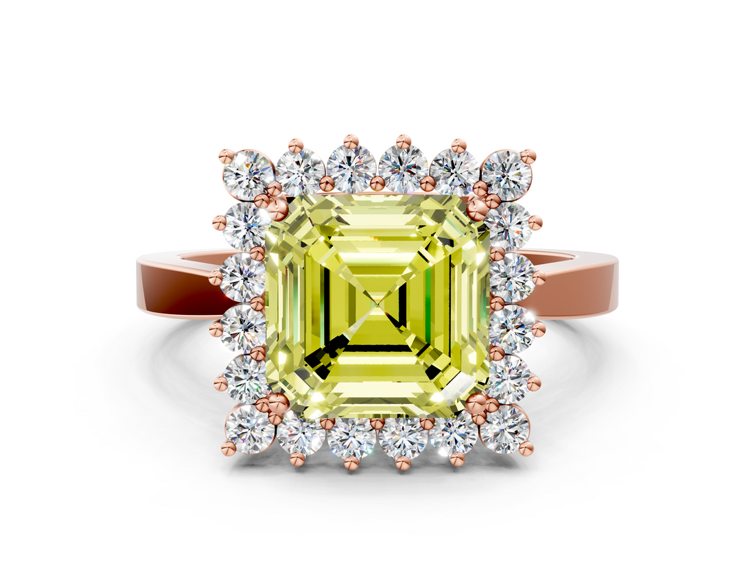 Rose gold Fancy Yellow Asscher  Cut Diamond Halo Ring with Round Brilliant Halo and Solitaire Band_33