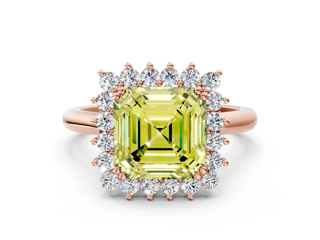 Rose gold Fancy Yellow Asscher  Cut Diamond Halo Ring with Solitaire Band and Prong Setting_68