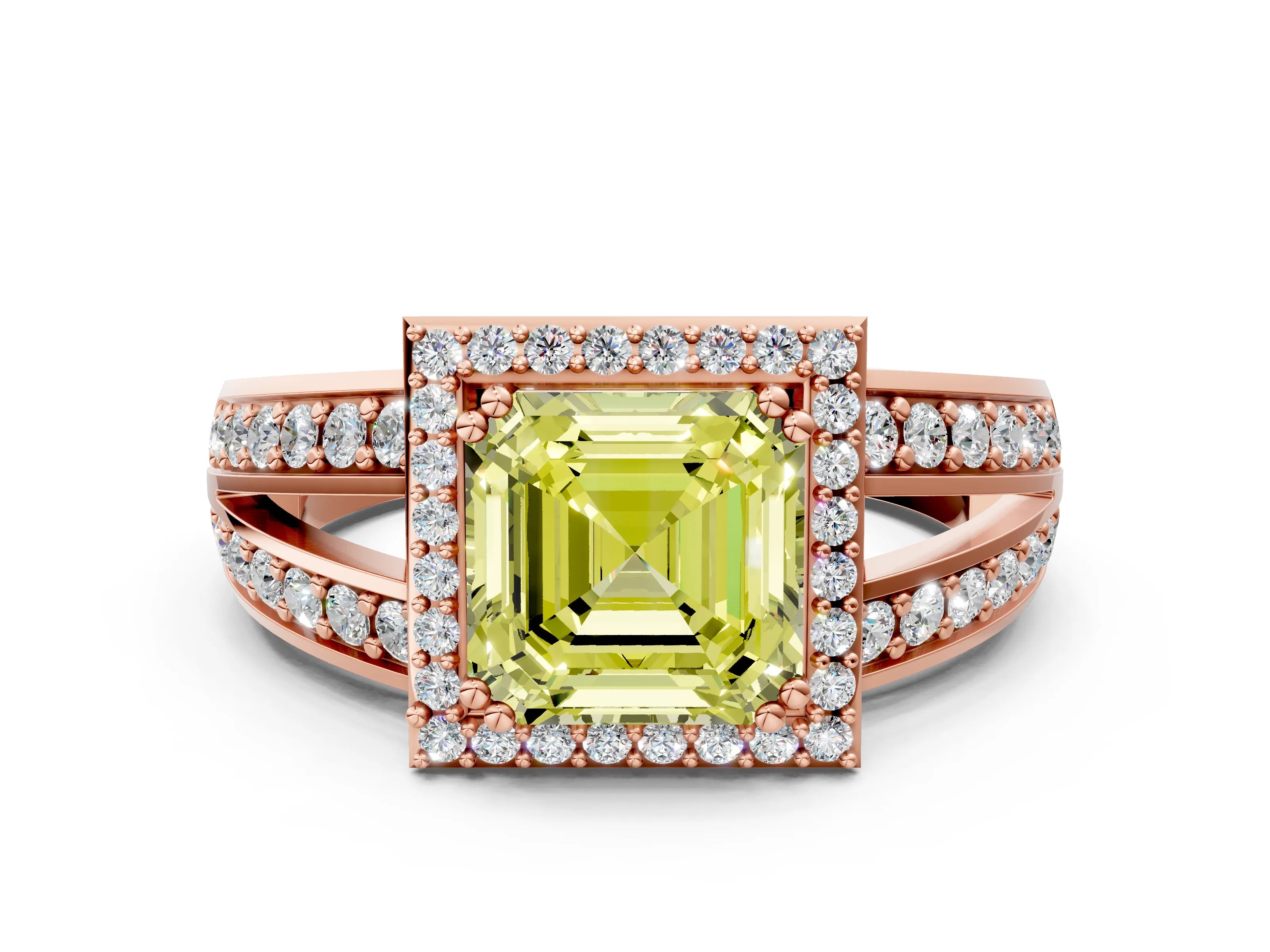 Rose gold Fancy Yellow Asscher Cut Diamond Halo Ring with Split Shank Pavé Band and Four-Prong Setting