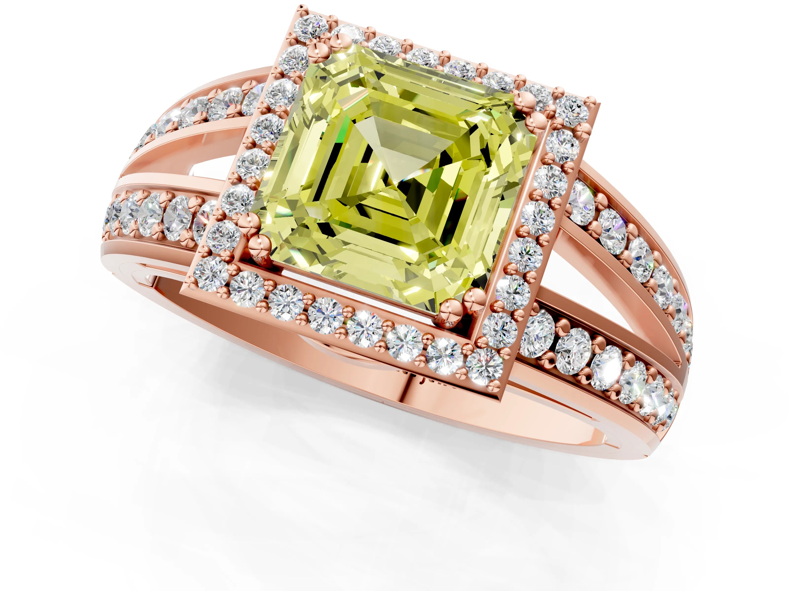 Rose gold Fancy Yellow Asscher Cut Diamond Halo Ring with Split Shank Pavé Band and Four-Prong Setting_1