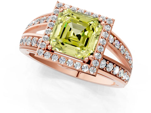 Rose gold Fancy Yellow Asscher Cut Diamond Halo Ring with Split Shank Pavé Band and Four-Prong Setting_1