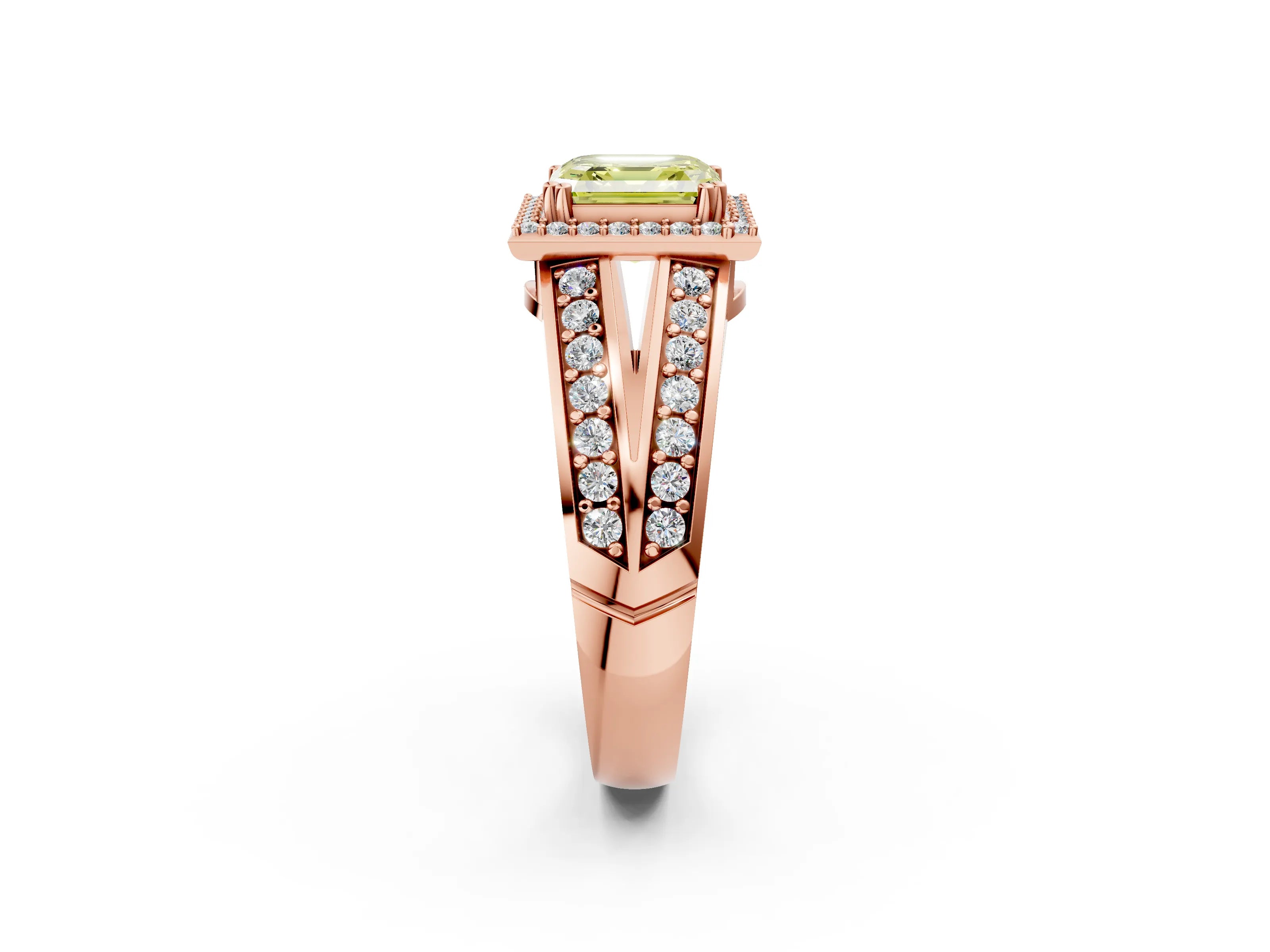 Rose gold Fancy Yellow Asscher Cut Diamond Halo Ring with Split Shank Pavé Band and Four-Prong Setting_2