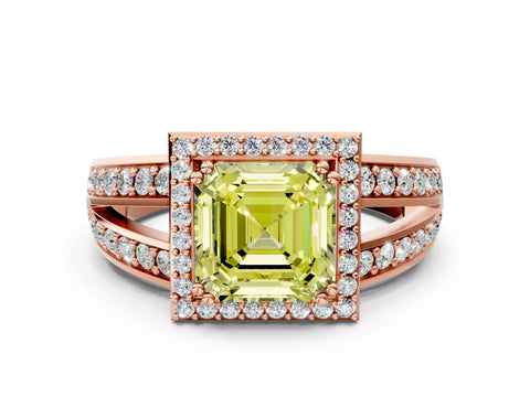 Rose gold Fancy Yellow Asscher Cut Diamond Halo Ring with Split Shank Pavé Band and Four-Prong Setting