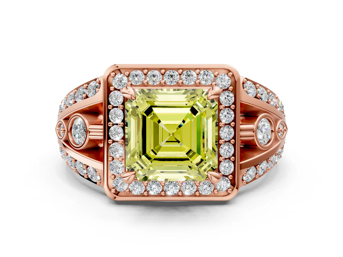 Rose gold Fancy Yellow Asscher Cut Diamond Halo Ring with Split Shank and Bezel Accents and Four-Prong Setting