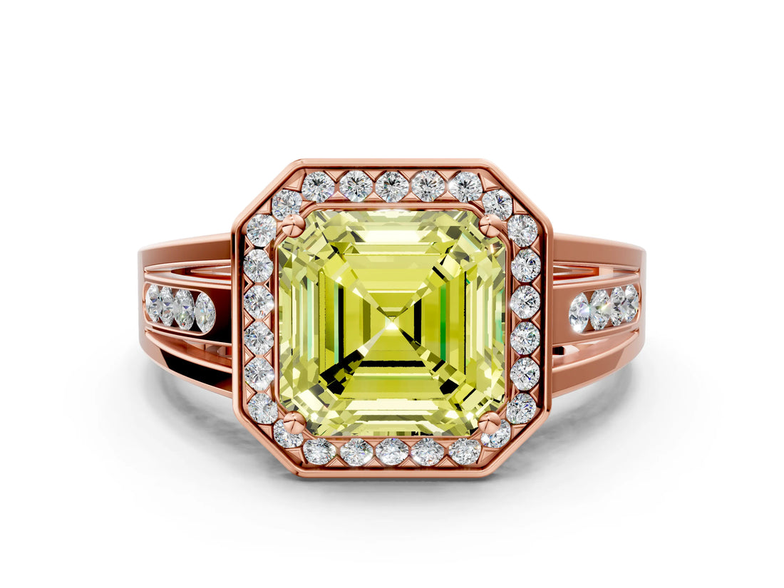 Rose gold Fancy Yellow Asscher Cut Diamond Halo Ring with Split Shank and Bezel Accents and Prong Setting