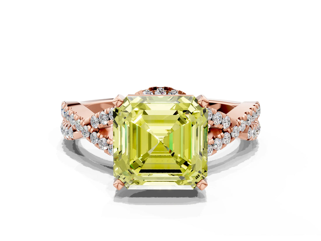 Rose gold Fancy Yellow Asscher Cut Diamond  Halo Twist Band Solitaire Prong Setting Ring_36