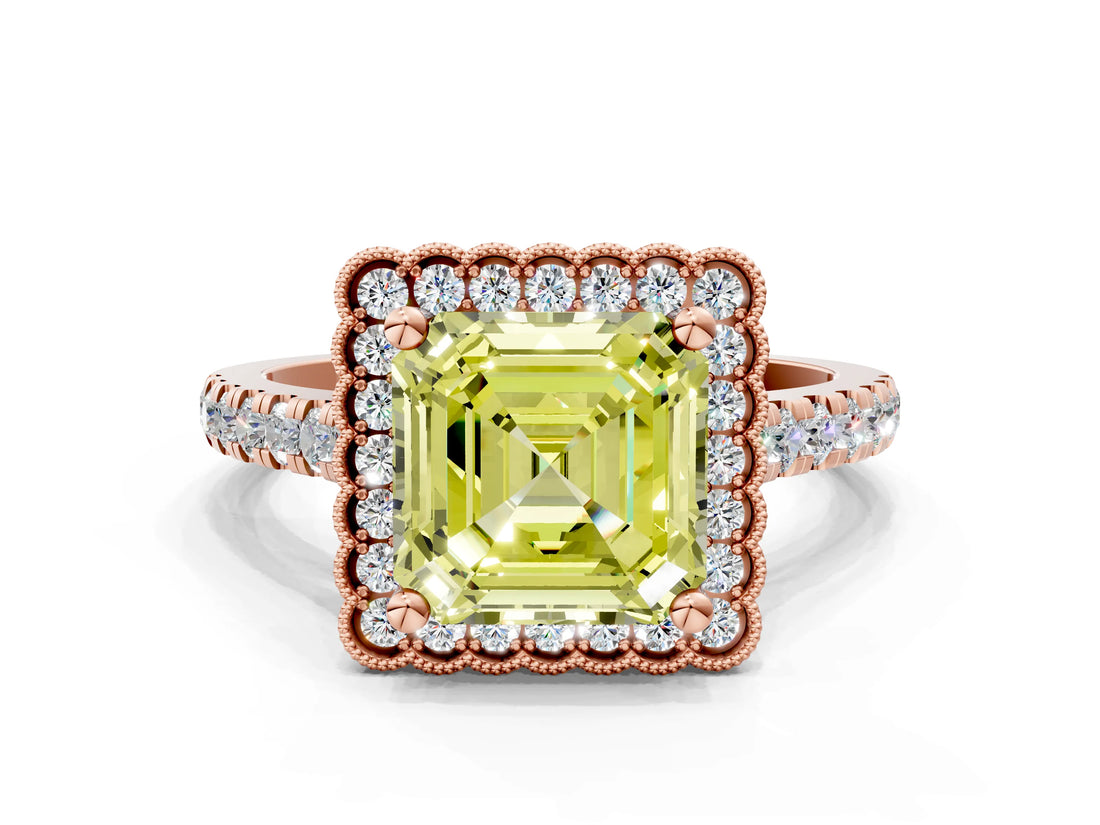 Rose gold Fancy Yellow Asscher  Cut Diamond Milgrain Floral Halo Engagement Ring with Pavé Band_15