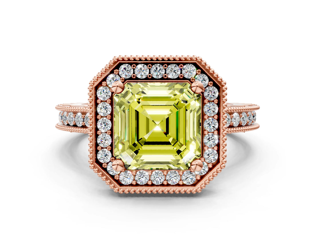 Rose gold Fancy Yellow Asscher Cut Diamond Milgrain Halo Engagement Ring with Round Pavé Band and Prong Setting_12