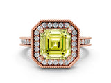 Rose gold Fancy Yellow Asscher Cut Diamond Milgrain Halo Engagement Ring with Round Pavé Band and Prong Setting_12