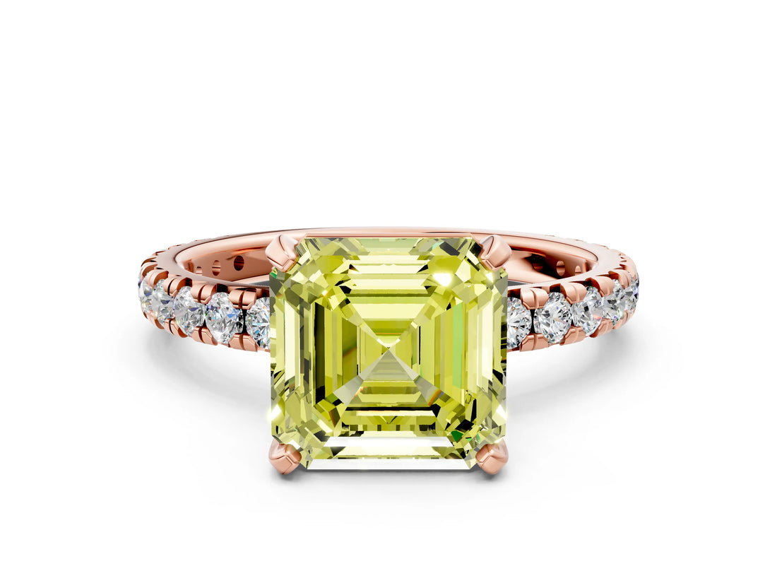 Rose gold Fancy Yellow Asscher Cut Diamond Pavé Solitaire Ring with Round Band and Prong Setting_12