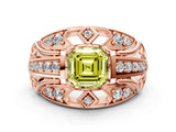 Rose gold Fancy Yellow Asscher Cut Diamond Pave Art Deco Split Shank Ring with Four-Prong Setting