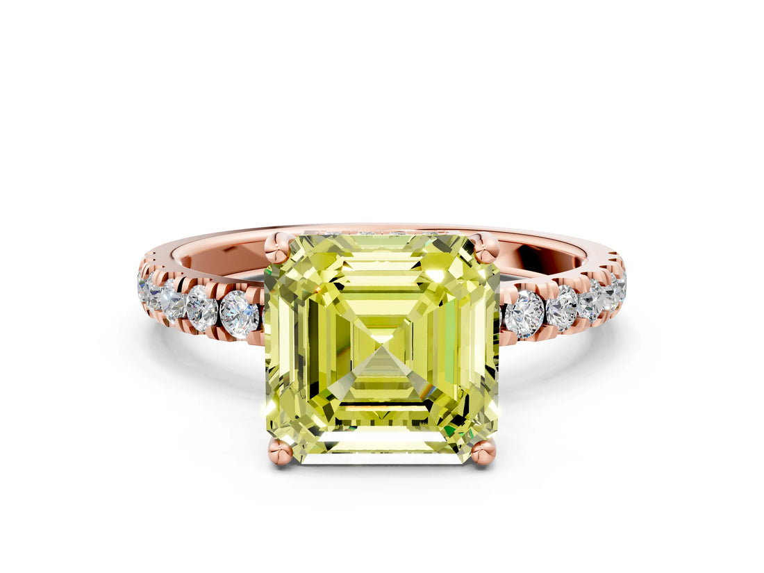 Rose gold Fancy Yellow Asscher Cut Diamond Pave Band Solitaire Ring with Four-Prong Setting_17