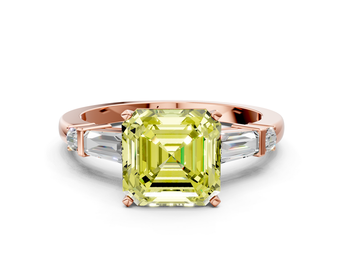Rose gold Fancy Yellow Asscher  Cut Diamond Ring with Baguette Side Stones, Channel Set Band, and Four-Prong Setting_17