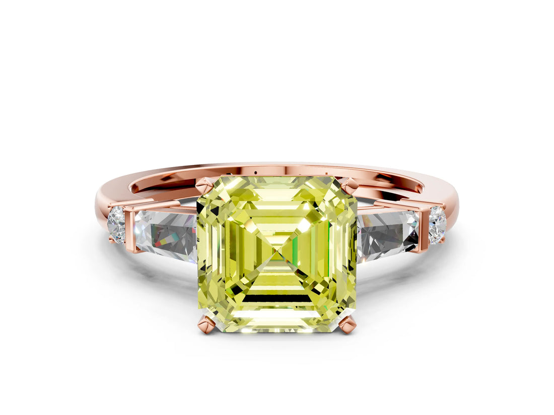 Rose gold Fancy Yellow Asscher  Cut Diamond Ring with Baguette Side Stones, Channel Set Band, and Four-Prong Setting_25