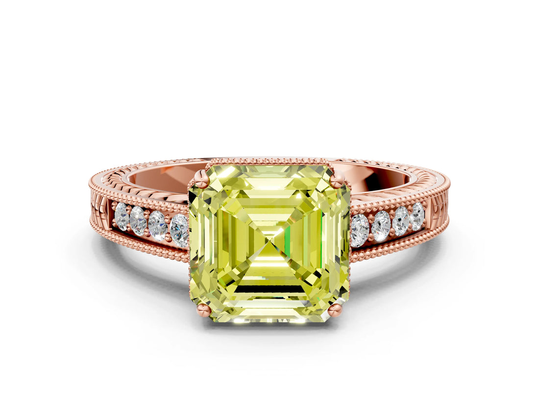 Rose gold Fancy Yellow Asscher Cut Diamond Ring with Milgrain Pavé Band and Four-Prong Setting_21