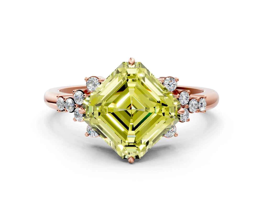 Rose gold Fancy Yellow Asscher Cut Diamond Ring with Side Stones and Four-Prong Setting_58