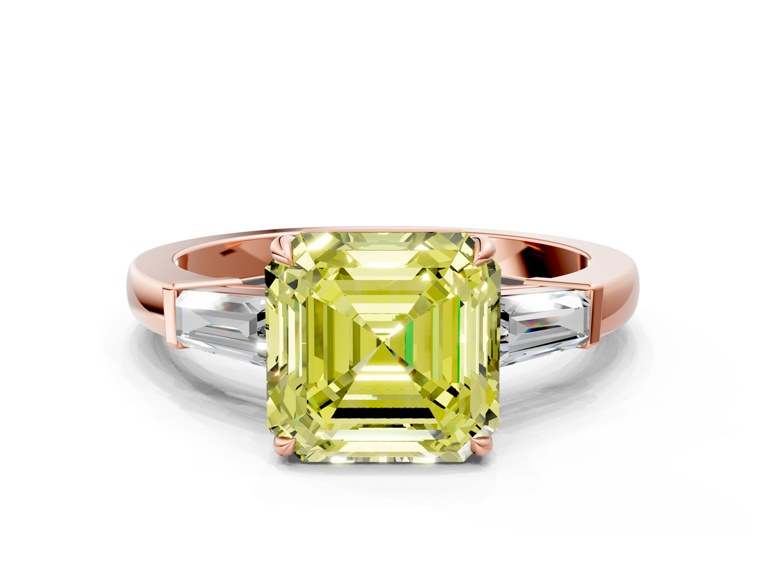 Rose gold Fancy Yellow Asscher  Cut Diamond Ring with Tapered Baguette Side Stones in Four-Prong Setting_3