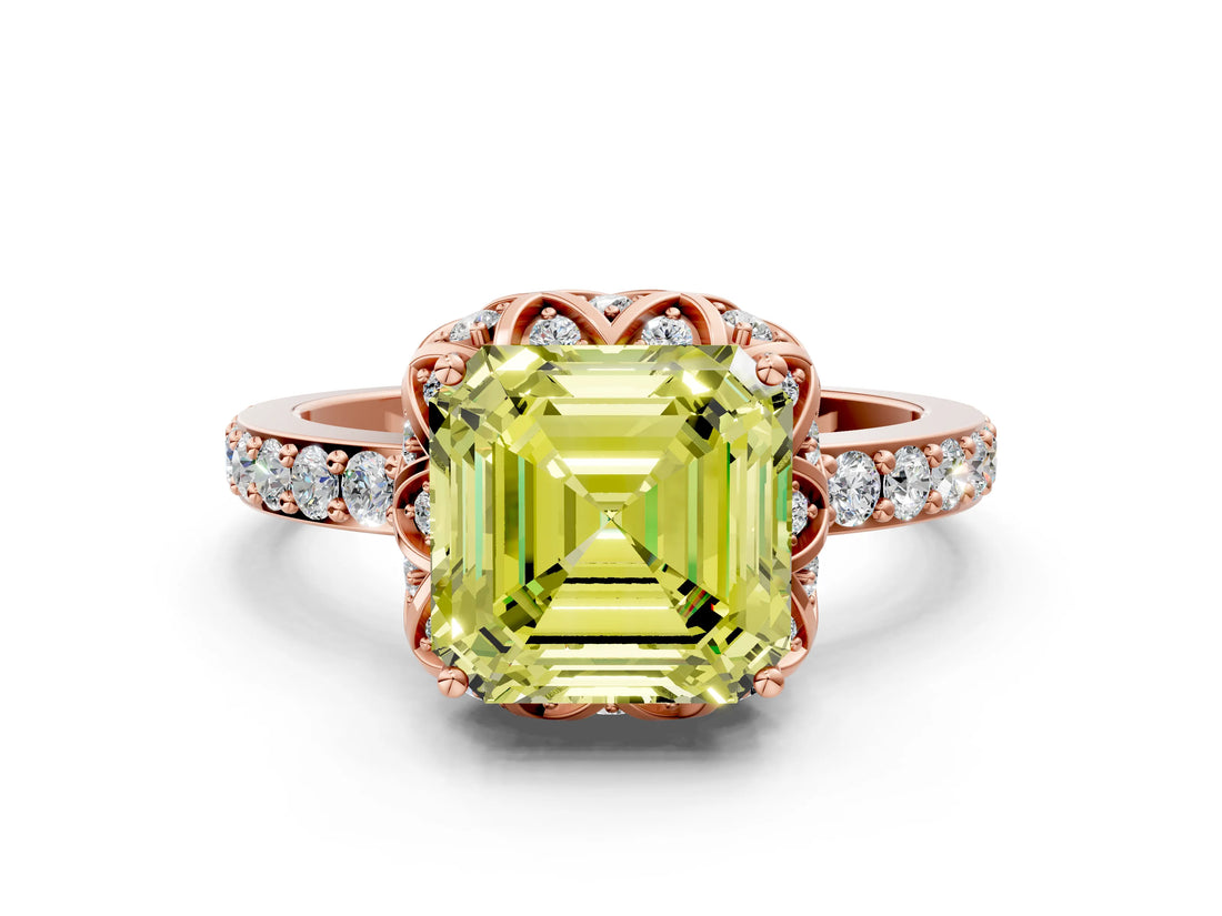 Rose gold Fancy Yellow Asscher Cut Diamond Scalloped Halo Engagement Ring with Round Shared Prong Band_12