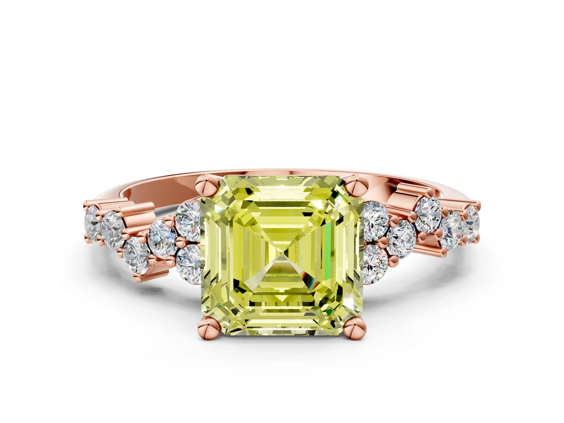 Rose gold Fancy Yellow Asscher Cut Diamond Scattered Round Accent Ring with Prong Setting_12