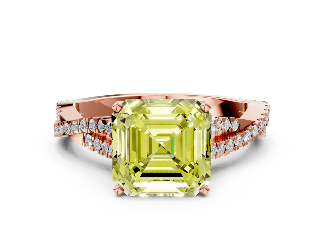 Rose gold Fancy Yellow Asscher Cut Diamond Solitaire Engagement Ring with Twisted Pavé Band and Four-Prong Setting_50