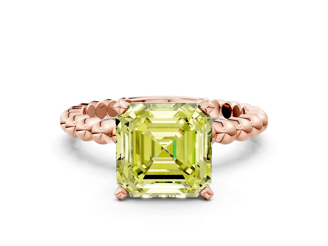 Rose gold Fancy Yellow Asscher Cut Diamond Solitaire Ring with Beaded Band and Prong Setting_42