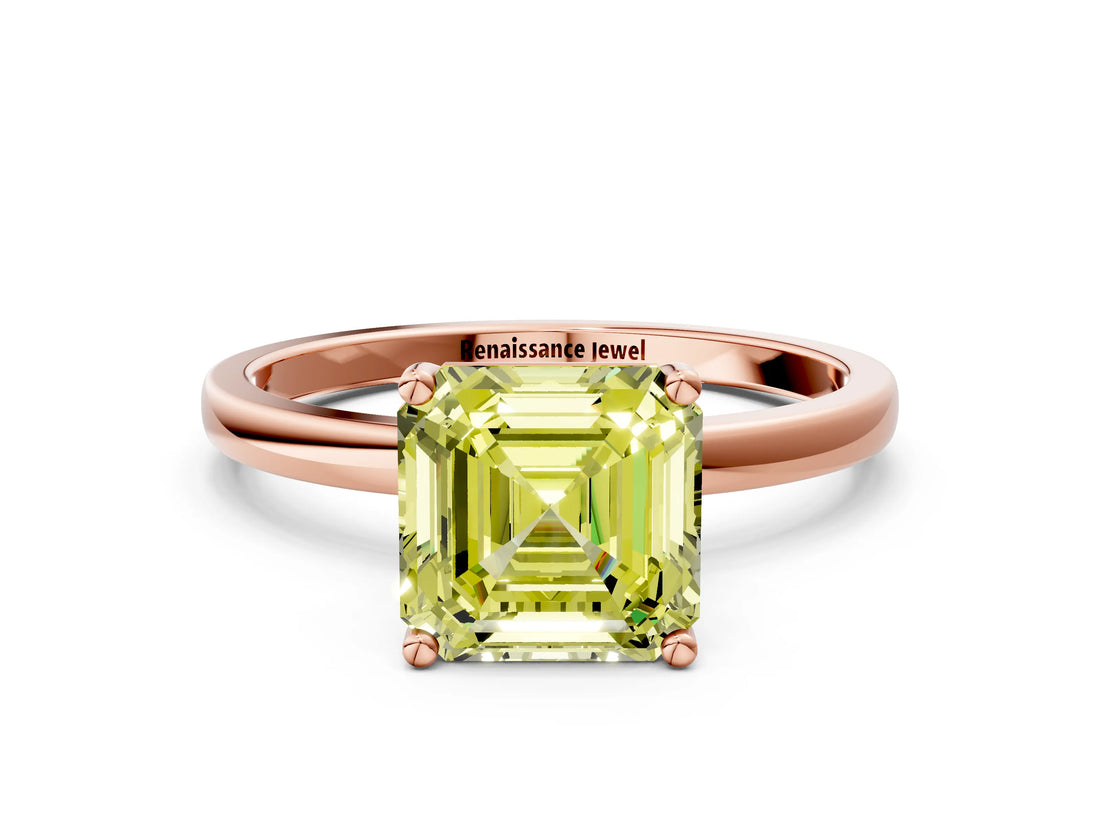 Rose gold Fancy Yellow Asscher Cut Diamond Solitaire Ring with Classic Band and Four-Prong Setting