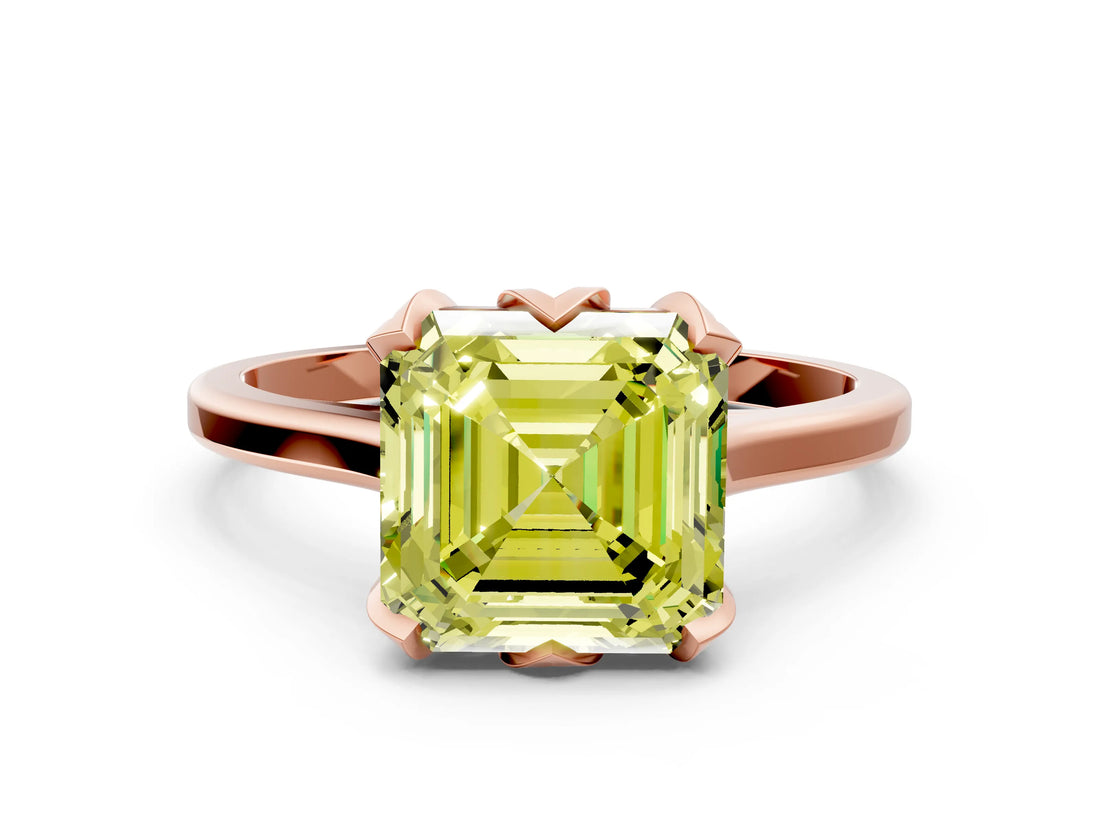 Rose gold Fancy Yellow Asscher Cut Diamond Solitaire Ring with Flower Prong Setting and Classic Band_12