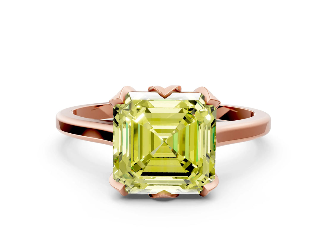 Rose gold Fancy Yellow Asscher Cut Diamond Solitaire Ring with Flower Prong Setting and Classic Band_36