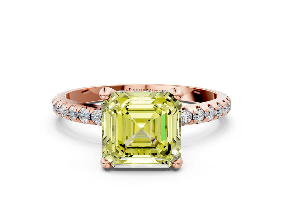 Rose gold Fancy Yellow Asscher Cut Diamond Solitaire Ring with Four-Prong Setting and Pavé Band_3