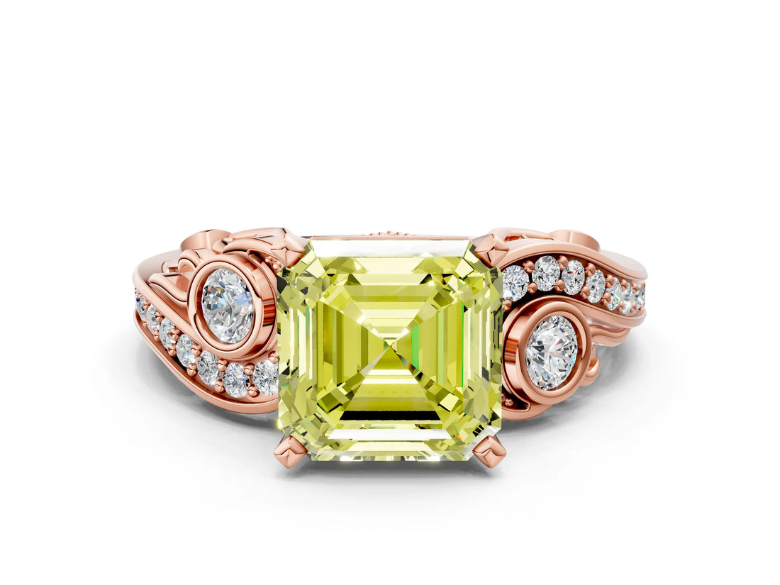Rose gold Fancy Yellow Asscher Cut Diamond Solitaire Ring with Milgrain Pavé Band and Four-Prong Setting_16