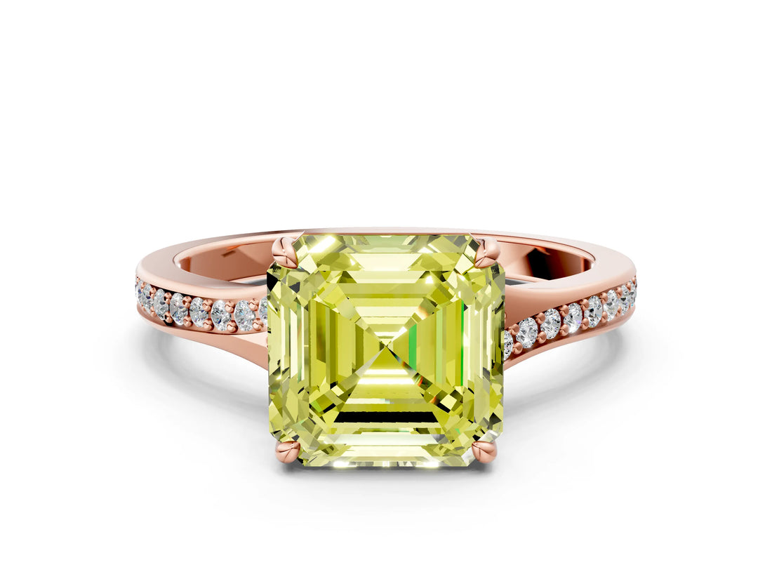 Rose gold Fancy Yellow Asscher Cut Diamond Solitaire Ring with Pavé Band and Prong Setting_12