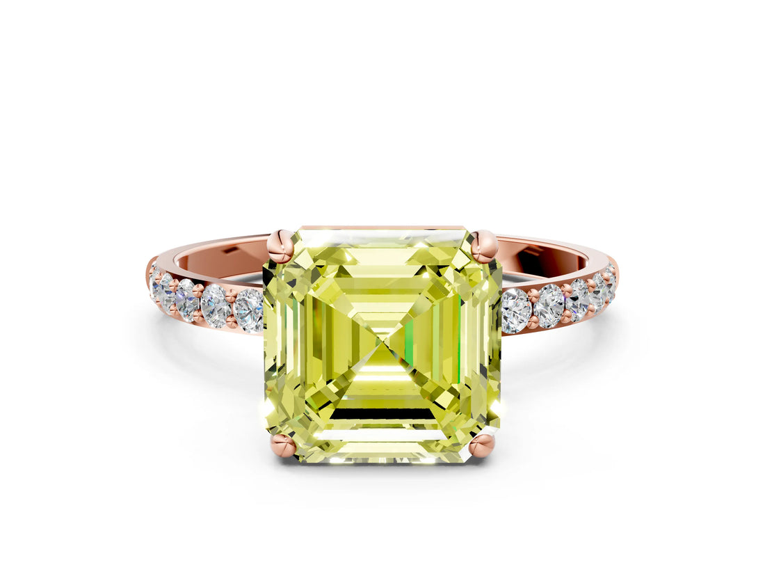 Rose gold Fancy Yellow Asscher Cut Diamond Solitaire Ring with Pave Band and Four Prong Setting_34