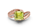 Rose gold Fancy Yellow Asscher Cut Diamond Solitaire Ring with Prong Setting and Twisted Pavé Band