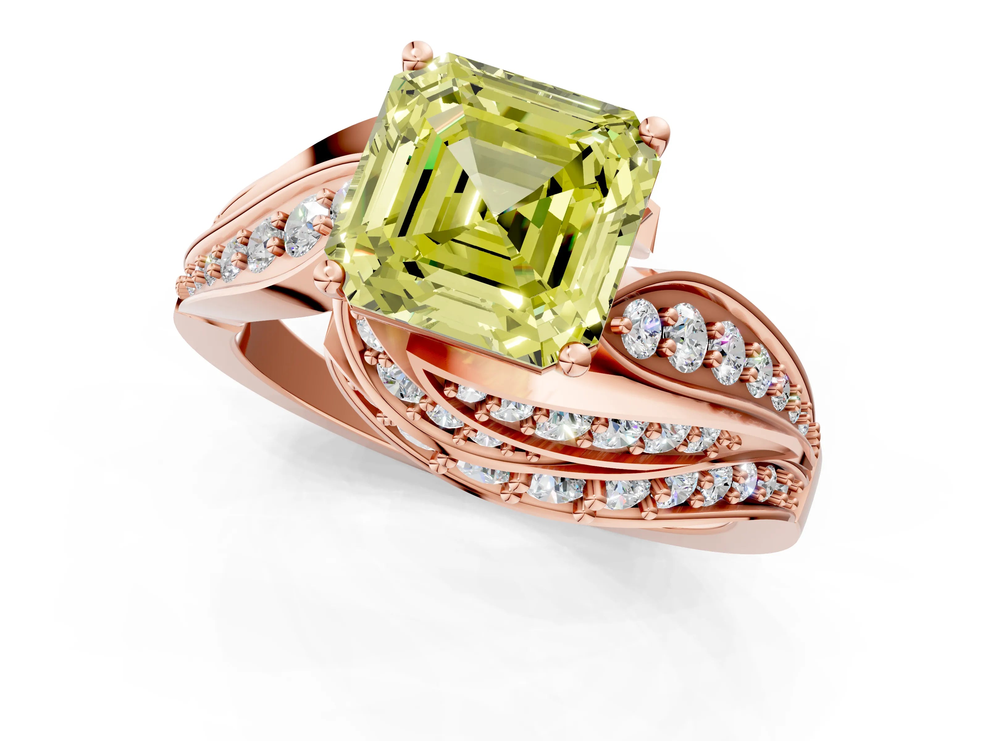 Rose gold Fancy Yellow Asscher Cut Diamond Solitaire Ring with Prong Setting and Twisted Pavé Band_1