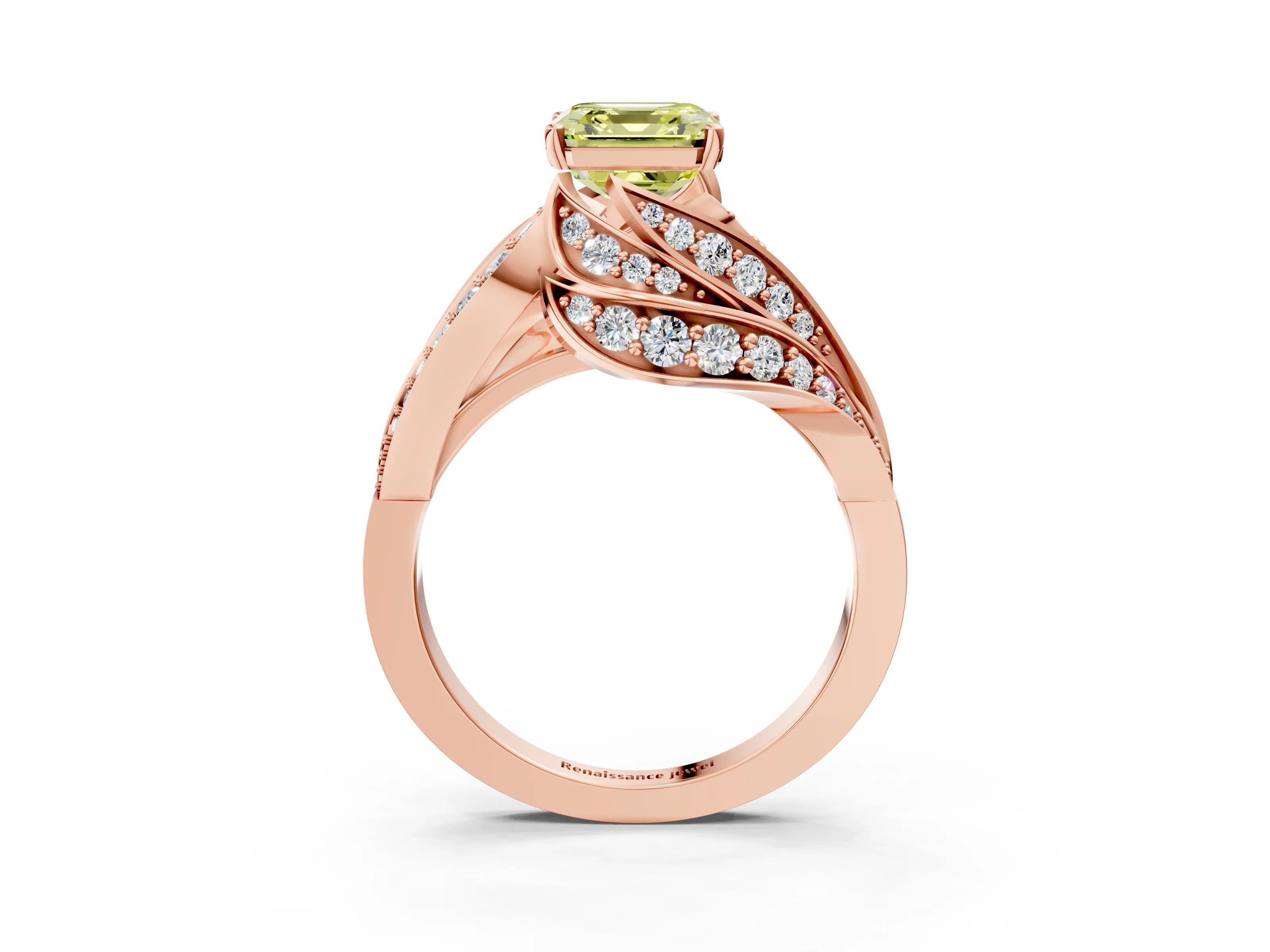 Rose gold Fancy Yellow Asscher Cut Diamond Solitaire Ring with Prong Setting and Twisted Pavé Band_3