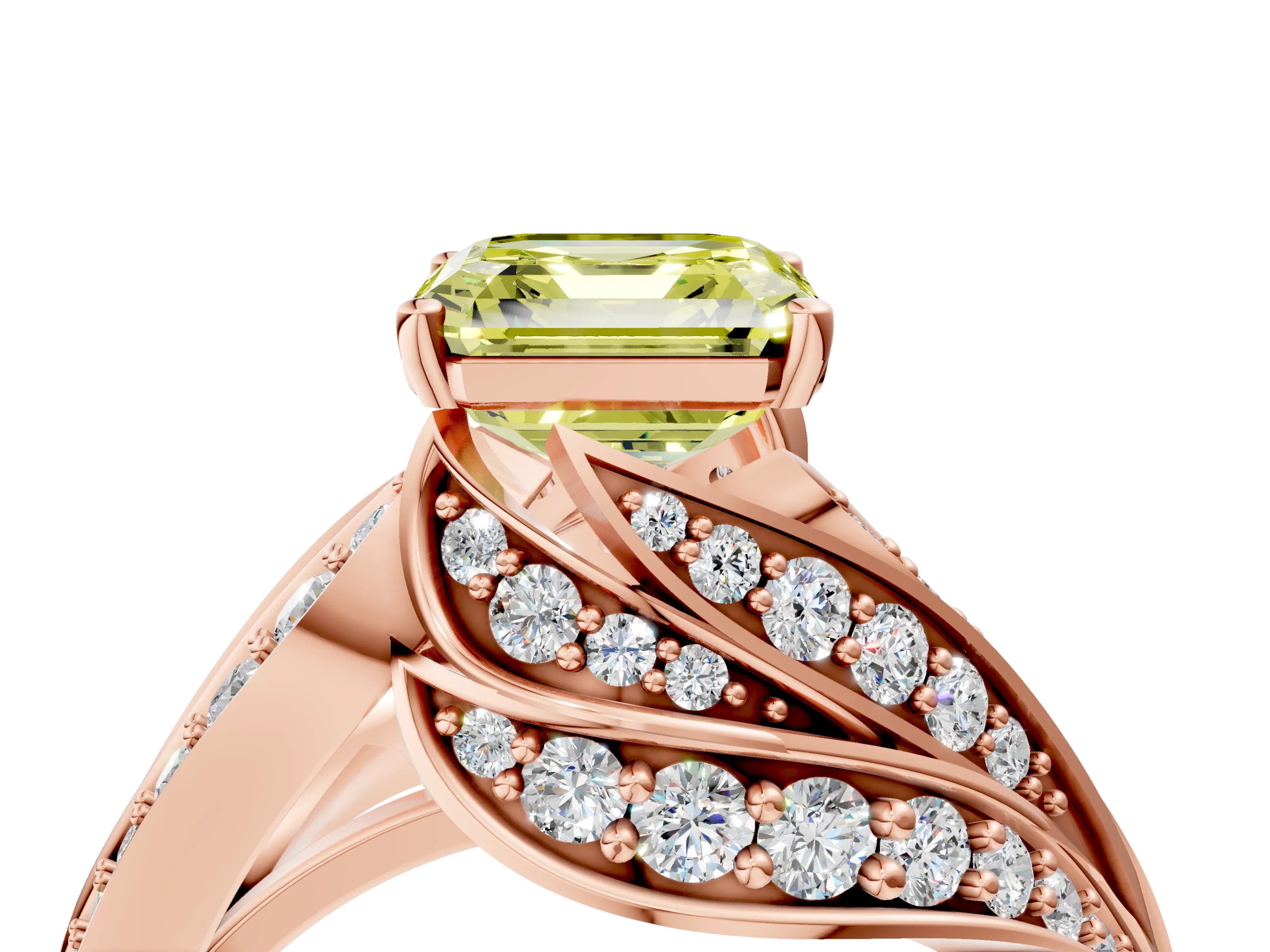 Rose gold Fancy Yellow Asscher Cut Diamond Solitaire Ring with Prong Setting and Twisted Pavé Band_4