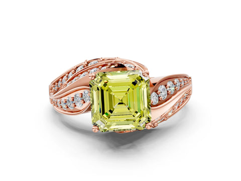 Rose gold Fancy Yellow Asscher Cut Diamond Solitaire Ring with Prong Setting and Twisted Pavé Band