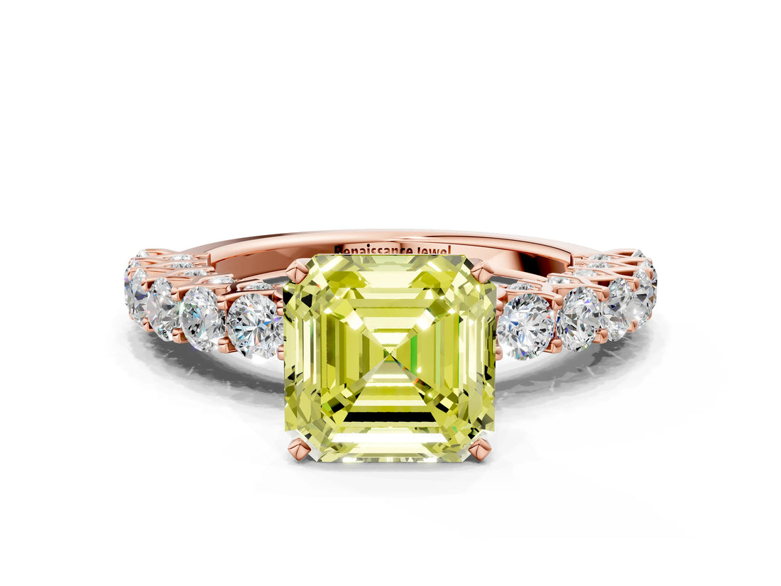 Rose gold Fancy Yellow Asscher Cut Diamond Solitaire Ring with Shared Prong Pavé Band and Four-Prong Setting_17
