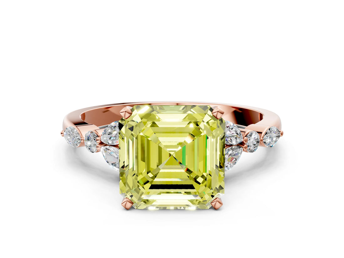 Rose gold Fancy Yellow Asscher Cut Diamond Solitaire Ring with Side Stones and Four-Prong Setting_33
