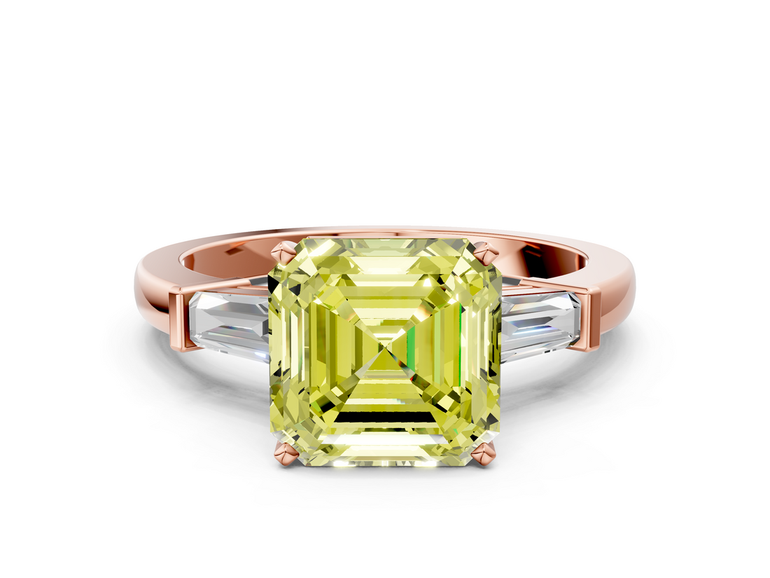 Rose gold Fancy Yellow Asscher  Cut Diamond Solitaire Ring with Tapered Baguette Accents and Four-Prong Setting_17