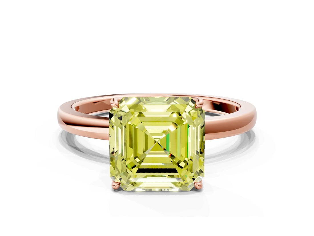 Rose gold Fancy Yellow Asscher Cut Diamond Solitaire Ring with Thin Band and Prong Setting_12