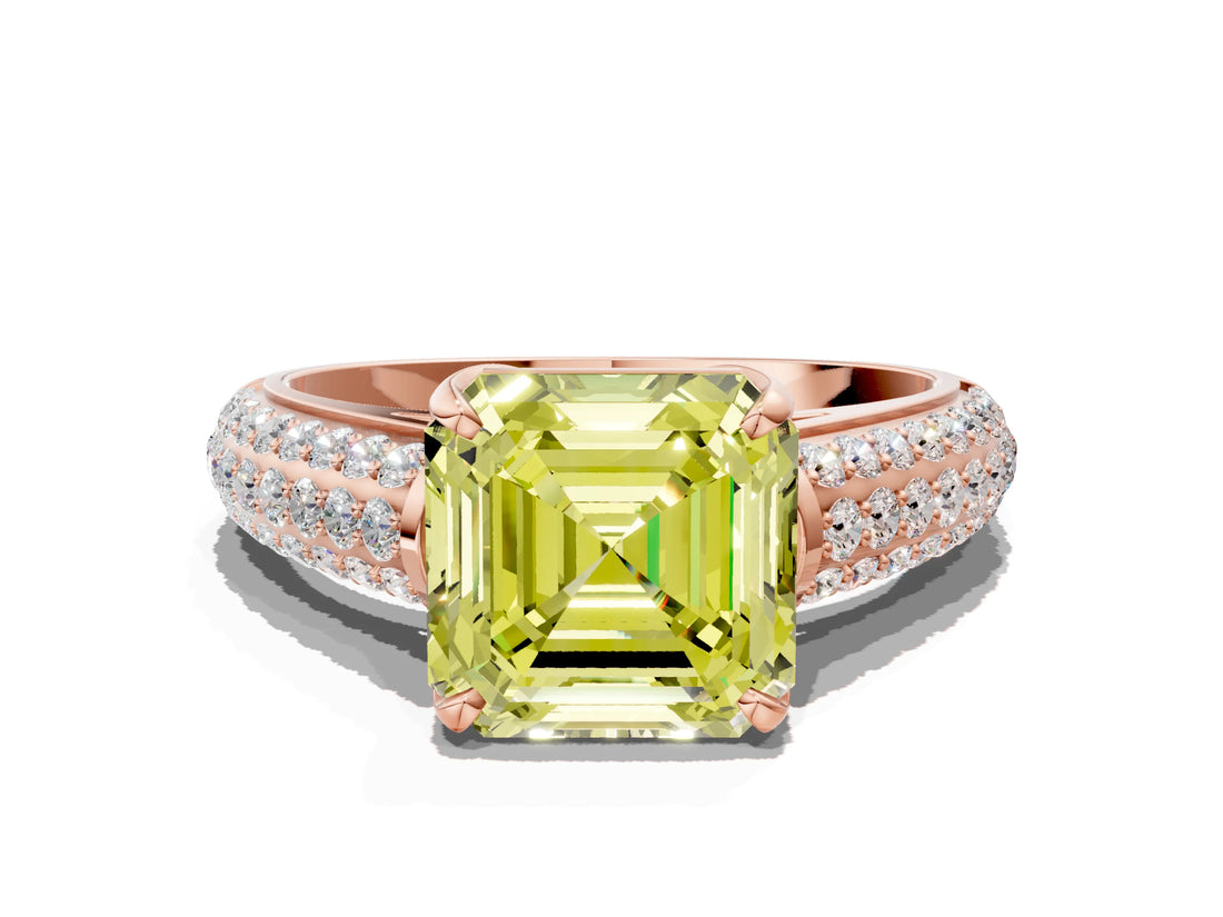 Rose gold Fancy Yellow Asscher Cut Diamond Solitaire Ring with Three-Row Pavé Band and Four-Prong Setting_20